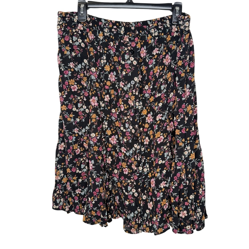 Black Floral Midi Skirt Womens 18/20 Cottagecore Boho Autumn Wedding Guest NEW
